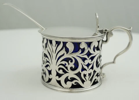 Early Victorian Pierced Sterling Silver Mustard Pot, Liner, Ladle, London 1839 Cover