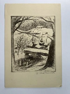 James Merrick Antique Drypoint Etching Winter Snow Town Covered Bridge 7x5” Art - Picture 1 of 16