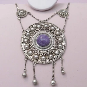 Antique Arts & Crafts Amethyst Dutch Silver Filigree Cannetille Pendant Necklace - Picture 1 of 9
