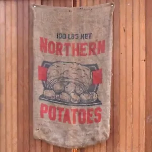 VINTAGE BURLAP SAC BAG NORTHERN POTATOES ADVERTISING HELM CALIFORNIA - Picture 1 of 8