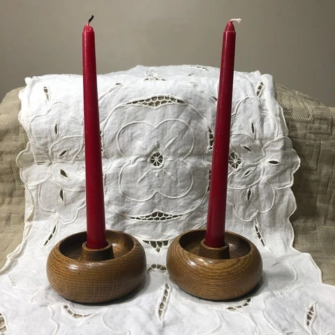 Vintage Lot of 2 Round Small Hand Turned Wood Sconce Wooden Candlestick Holder Cover