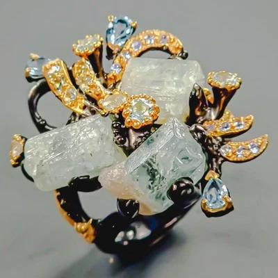 粗糙珠宝天然海蓝宝石戒指 925 纯银 9 码 /R426359 — 第 1/4 张图片