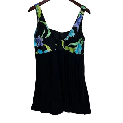 Longitude Womens Black Floral Swimdress 22W One Piece Swimsuit Full Coverage - Image 1 of 4