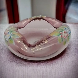 Vintage Purple Amethyst Hand Blown Glass Ashtray Dish Floral Painted Venetian - Picture 1 of 13