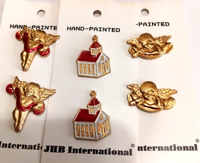 Vintage JHB Christmas Buttons on cards, 6 total - Churches and Cherubs,   1" - Image 1 of 4