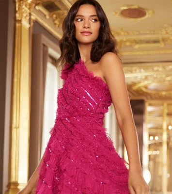 Needle & Thread Spiral Sequin One shoulder Tulle Ballroom Gown Dress UK 10 US 6 - Image 1 of 4