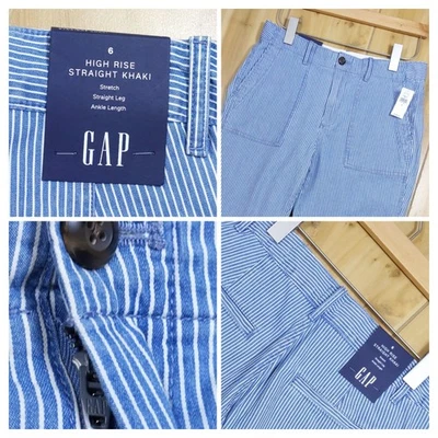 Pantalones al tobillo GAP para mujer talla 6 nuevos con etiquetas tiro alto rectos caqui a rayas índigo elásticos Foto 1 de 4