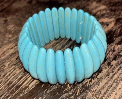 Turquoise Accordion Stretch Bracelet Dyed Howlite Chunky Statement Piece - Image 1 of 4