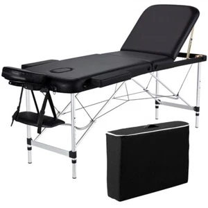 84in Portable Massage Table Aluminium 3 Fold Lashing Table Bed Adjustable Black - Picture 1 of 12