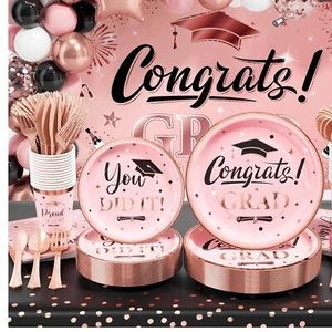 Complete 2025 Grad Party Decor Set - 245 PCS Dinnerware & Elegant Pink Backdrop - Picture 1 of 10