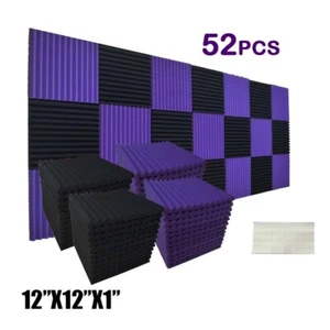 52 Pack Black/Purple Acoustic Wedge Studio Soundproof Foam Wall Tiles 12x12x1 - Picture 1 of 12