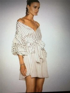 484 $ Alexis Maren Kleid schulterfrei gestreift Wickelkleid weiß rot M Stufen - Bild 1 von 7