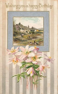 Postal en relieve de papel de aluminio flores escena del país Wishing You a Happy Birthday - Imagen 1 de 2
