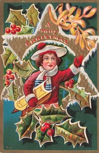 BELLISSIMA CARTOLINA NATALE NASH BAMBINO CON SLITTA STELLA INNEVATA AGRIFOGLIO IN RILIEVO 100425 - Foto 1 di 2