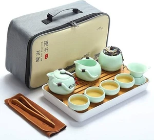 Chinesisches Reise Gongfu Teeservice Tassen Teekanne Etui Werkzeuge Riss im Kunststoffbehälter - Bild 1 von 9