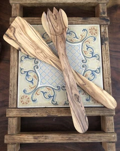 Italy Organic Hand Made Olive Wood Rustic 2-Piece Salad Server Serving Set - Picture 1 of 2