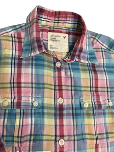 American Eagle Outfitters Girls Size S/P Long Sleeve Roll Tab Pink Blue Plaid - Picture 1 of 7