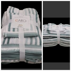6pc CARO Home Bath Hand Washcloth Sea Foam Green & White Striped Towel Set New