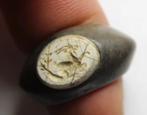 Seltener echter antiker römischer Silberring Artefakt intakt Kamee Edelstein Ziegenzweig Gr. 9 - Bild 1 von 12