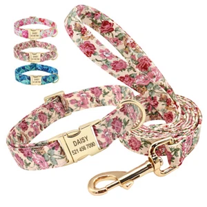 Dog Collar with Flower Pattern + Leash Metal Buckle Adjustable for Small Large - Picture 1 of 19