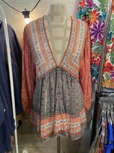 Free People Aliyah Orange Brown High Low Printed Boho Tunic Top Size M - Picture 1 of 7