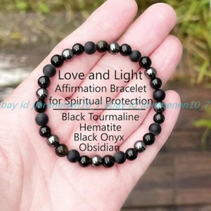Triple Protection Black Onyx Tourmaline Obsidian Hematite Beads Healing Bracelet - Picture 1 of 12
