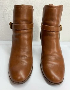 Womens TOMMY HILFIGER Brown Leather 3" Heel Boots Gold Buckle Size 8.5 Shoes - Picture 1 of 12