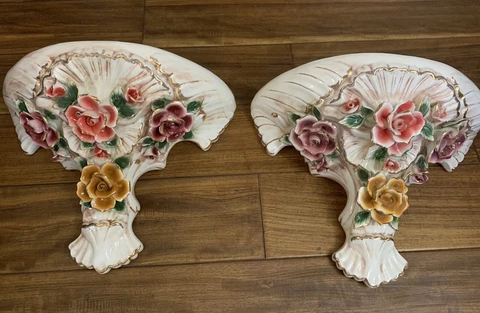 2 Vtg Noritake ? Floral Porcelain  Capodimonte Wall Sconce Shelf 18” willSeparat Cover