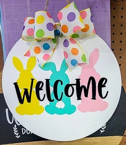Easter Bunny Welcome Sign 14" Hand-Painted Wooden Door Decor - Picture 1 of 1