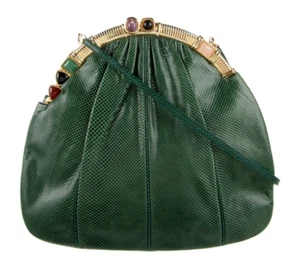 Fi Judith Leiber Karung Snake Skin green Day Evening Handbag Gemstones Gold - Picture 1 of 16