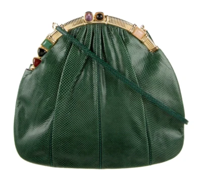 Bolso de mano Judith Leiber Karung piel de serpiente verde día noche piedras preciosas Foto 1 de 4