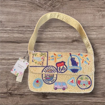 Viral beaded shoulder bag with Route 66, New York, handcrafted in India NWT - Image 1 of 4