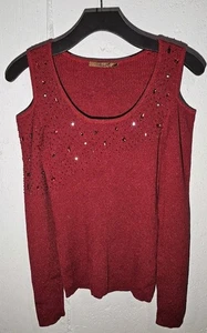 Belldini Womens Solid Red Long Sleeves Shoulder Rhinestones Top Size L CHRISTMAS - Picture 1 of 3