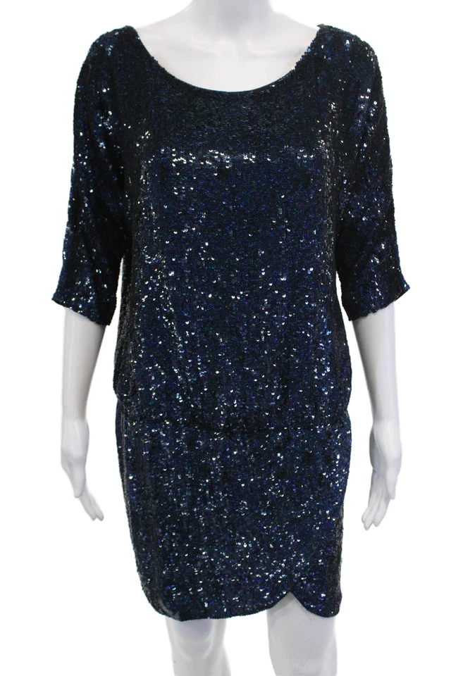 Vestido de cóctel Haute Hippie para mujer azul seda negro lentejuelas manga 3/4 talla XS Foto 1 de 4