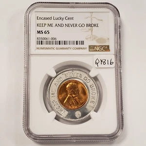 Encased Lucky Cent 1957-D 1c Lincoln Wheat Cent - NGC MS 65 - SKU-Q1816 - Picture 1 of 4