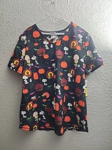 Women’s Peanuts Charlie Brown Snoopy Halloween Scrub Top Large V Neck - Picture 1 of 6