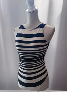 DKNY Size 6 Black & Cream Striped One-Piece High Neck Swimsuit Padded - Picture 1 of 12