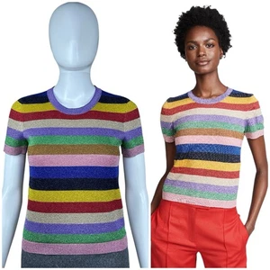 Alice Olivia Baylor Pullover Wolle gestreift Metallic Rundhalsausschnitt Oberteil Small Party - Bild 1 von 17