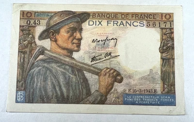 1943 France 10 Ten Dix Francs, Miner, Cows, and Women with baby - Image 1 of 2
