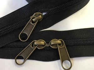 BLACK #5 Coil Zippers By The Yard - 4 yds & 8 Long Antique Brass Pulls - Picture 1 of 1