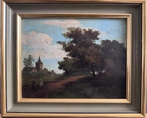 Antique oil painting on wood panel animated landscape framed - Picture 1 of 7
