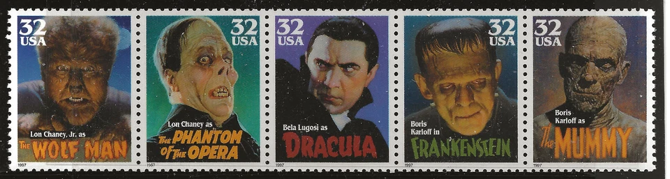US Scott #3168-73, Strip of 5 1997 Movie Monsters 32c VF MNH - Image 1 of 1
