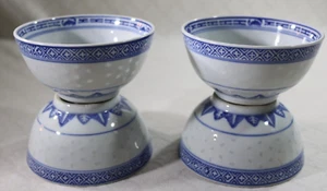 4 Chinese Footed Rice Bowls Jingdezhen Blue White Rice Grain Pattern Dragon - Picture 1 of 6