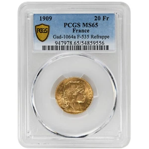 1909 20 Francs, FRANKREICH PCGS MS65 seltene Münze - Bild 1 von 4