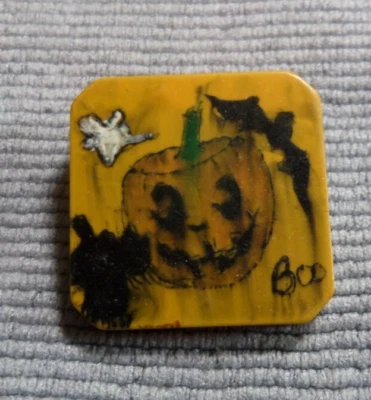 Vintage Rezin Celluloid Artisan Button HALLOWEEN JACK-O-LANTERN CAT BAT GHOST - Image 1 of 4