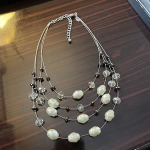 Chicos Silvertone four strand wire necklace pearl clear beads - Picture 1 of 4