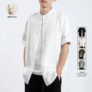 Nuova camicia cinese retrò manica corta uomo estiva cotone stand colletto camicie larghe - Foto 1 di 22