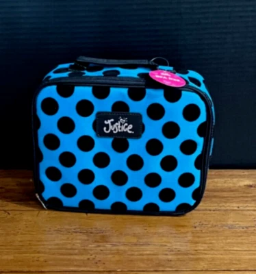Justice Girls Lunch Box Tote Bag Kids Insulated Bright Blue Black Polka Dots New - Image 1 of 4