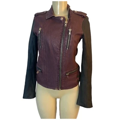 Jaqueta de couro IRO Anabela preta roxa bloco de cores de dois tons tamanho pequeno/XS - Imagem 1 de 4
