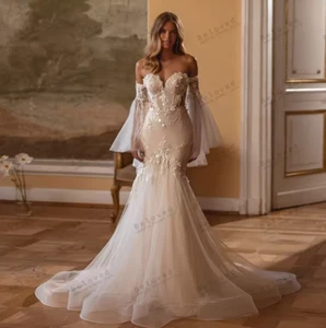 Glamorous Wedding Dresses Elegant Bridal Gowns Lace Appliques Off The Shoulder - Picture 1 of 10